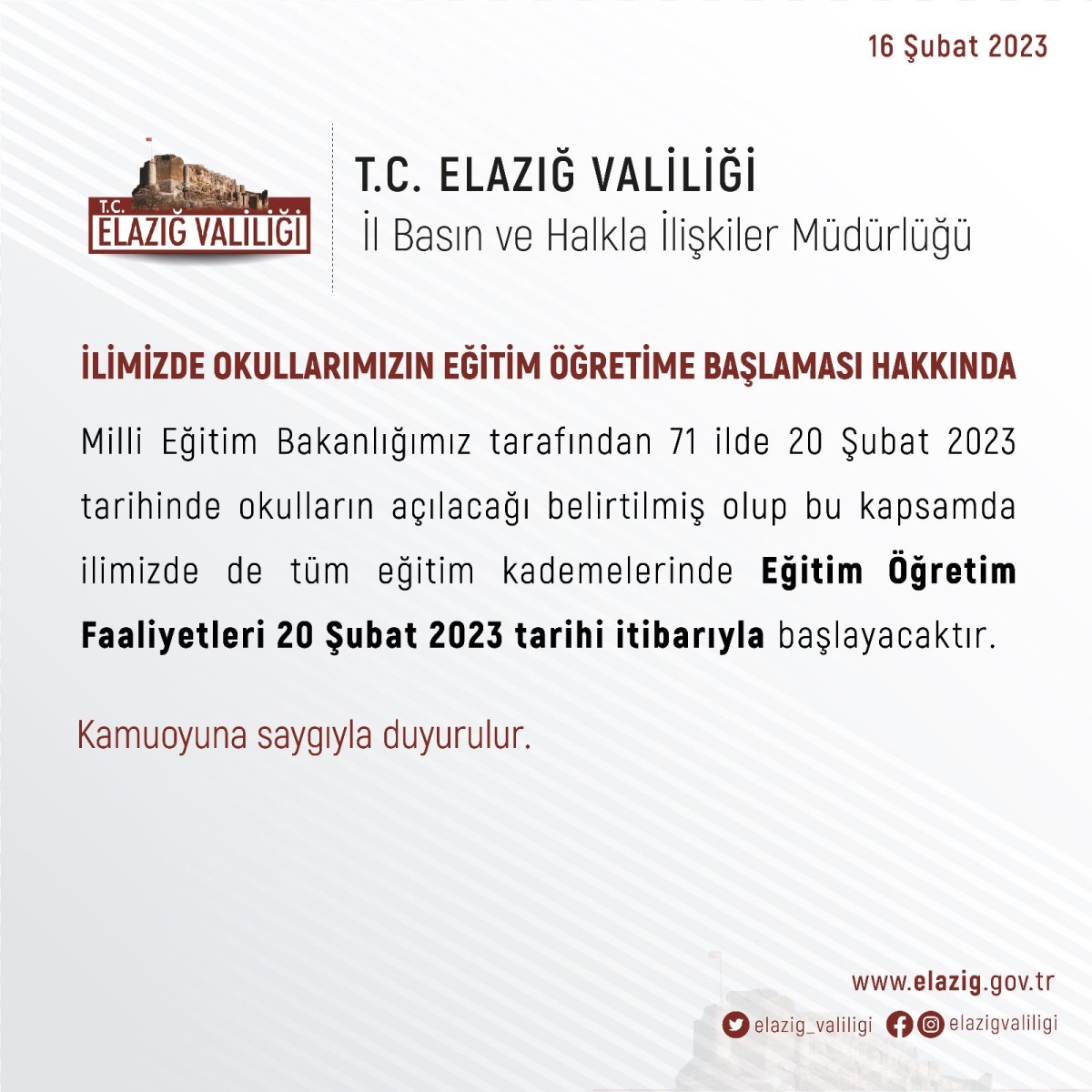 Elazığ'da Eğitim Öğretim 20 Şubat'ta Başlayacak